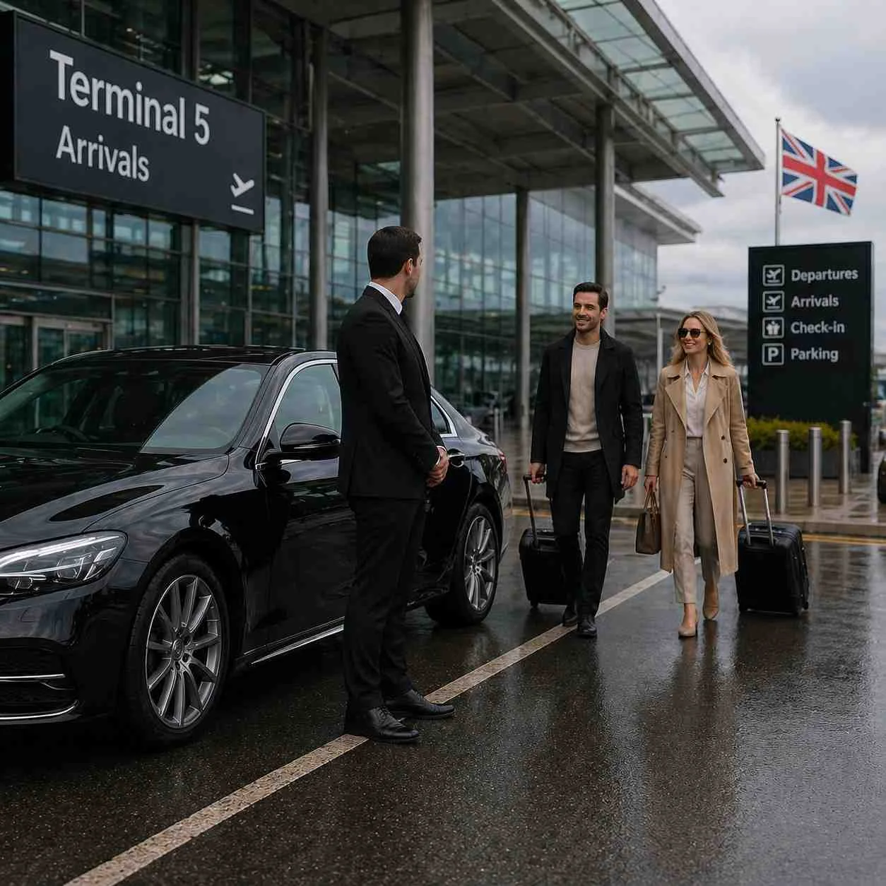 Two passengers walking toward chauffeur with luggage at UK airport terminal