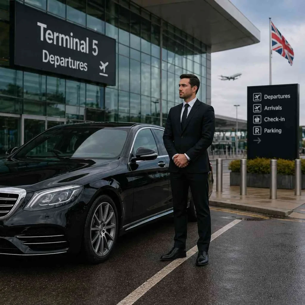 Professional chauffeur standing beside a luxury black car with closed door at airport terminal UK