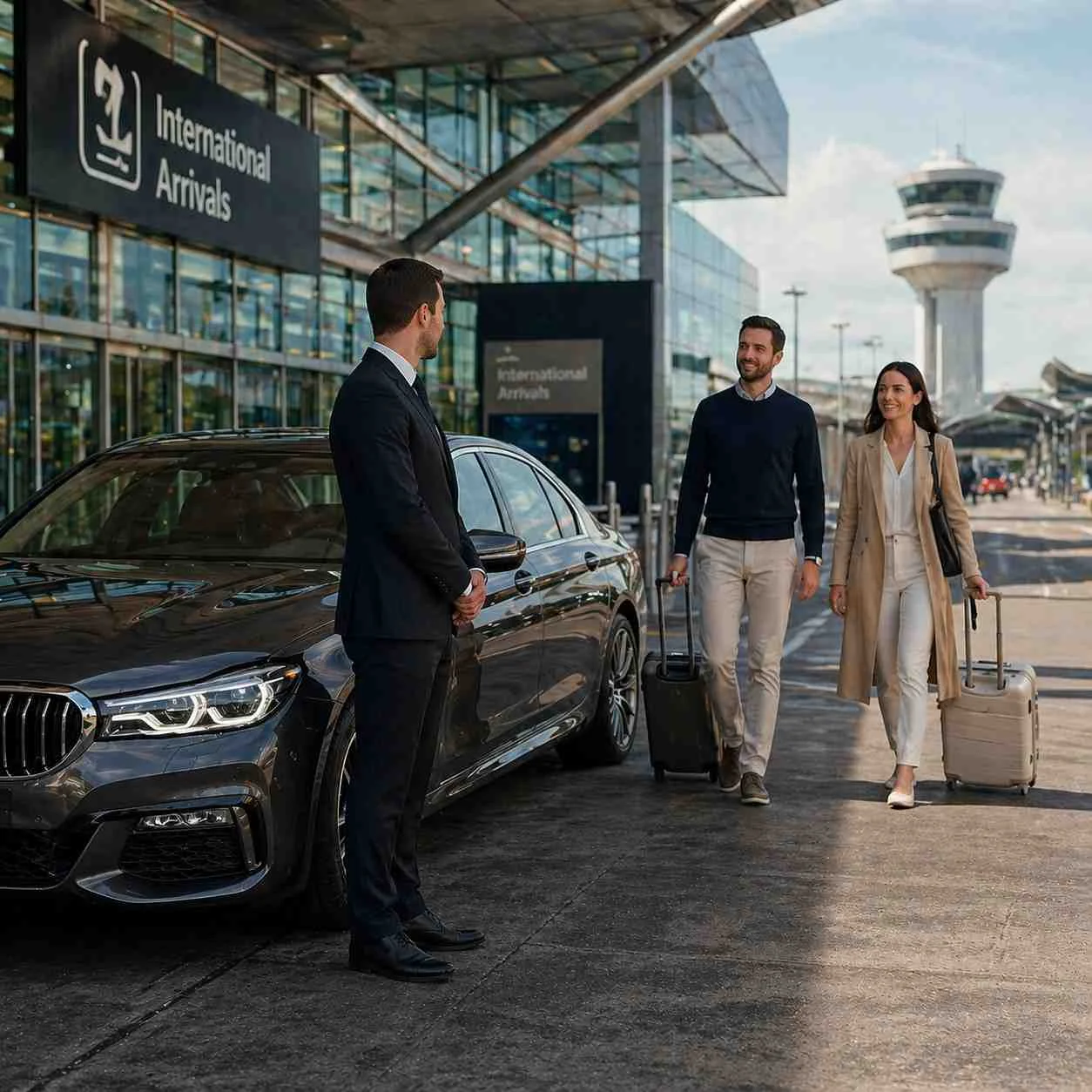 Two passengers with luggage approaching chauffeur beside luxury car at international airport