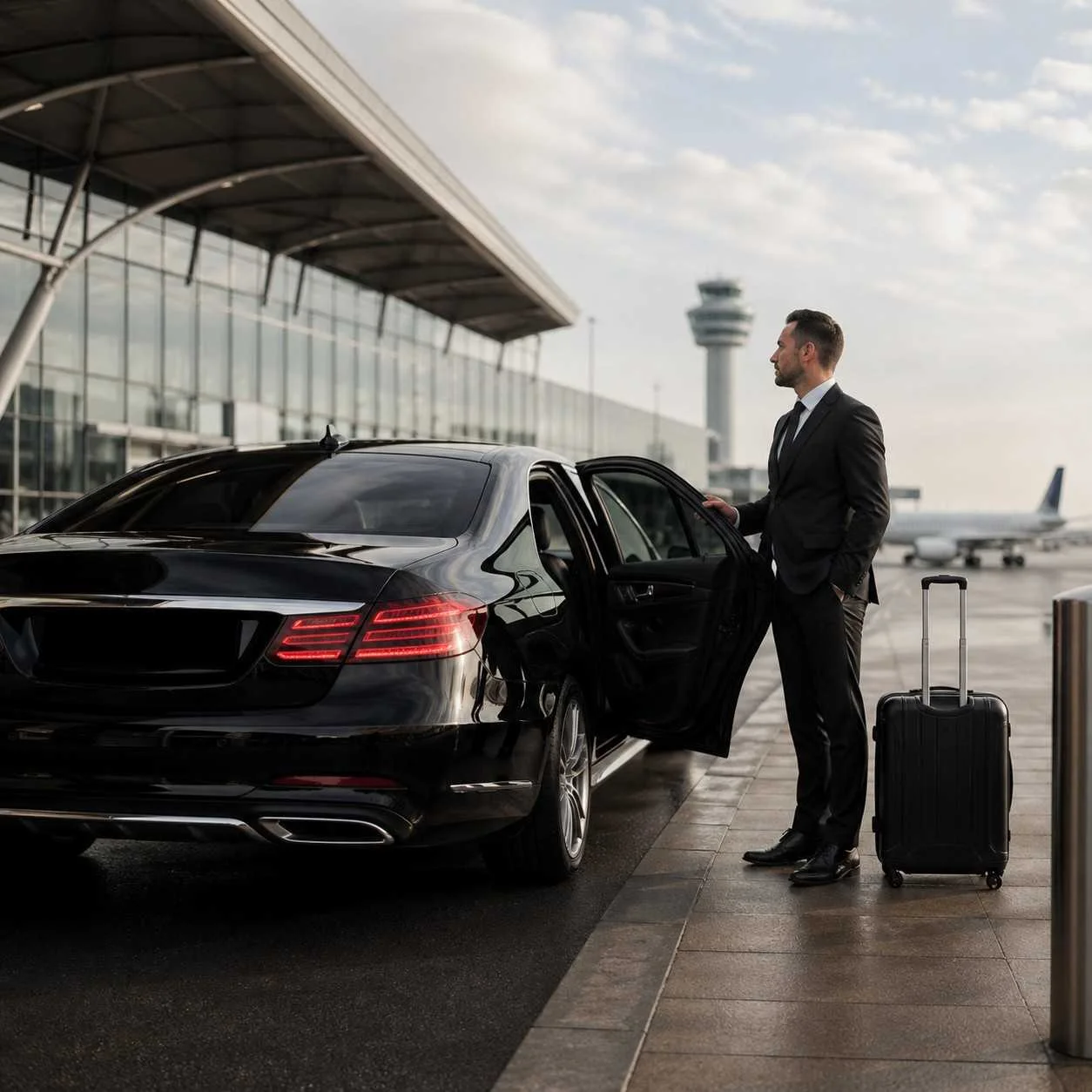 Professional chauffeur standing beside a luxury black car at a UK airport terminal with suitcase, car door open and number plate hidden