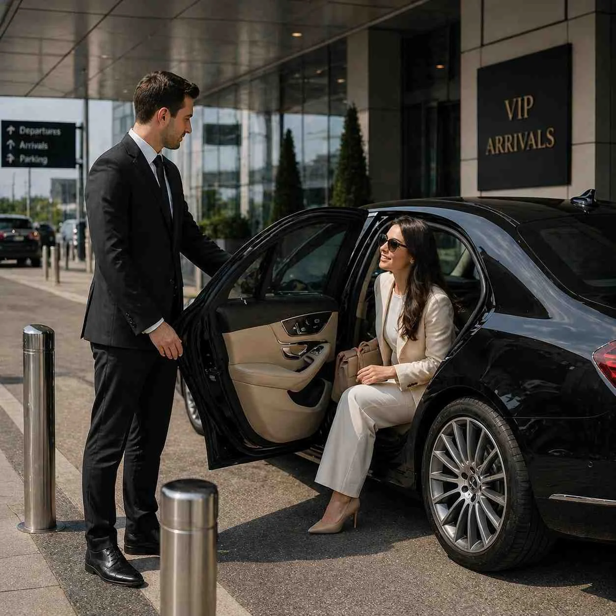Chauffeur opening car door and welcoming passenger outside luxury building with hidden number plate