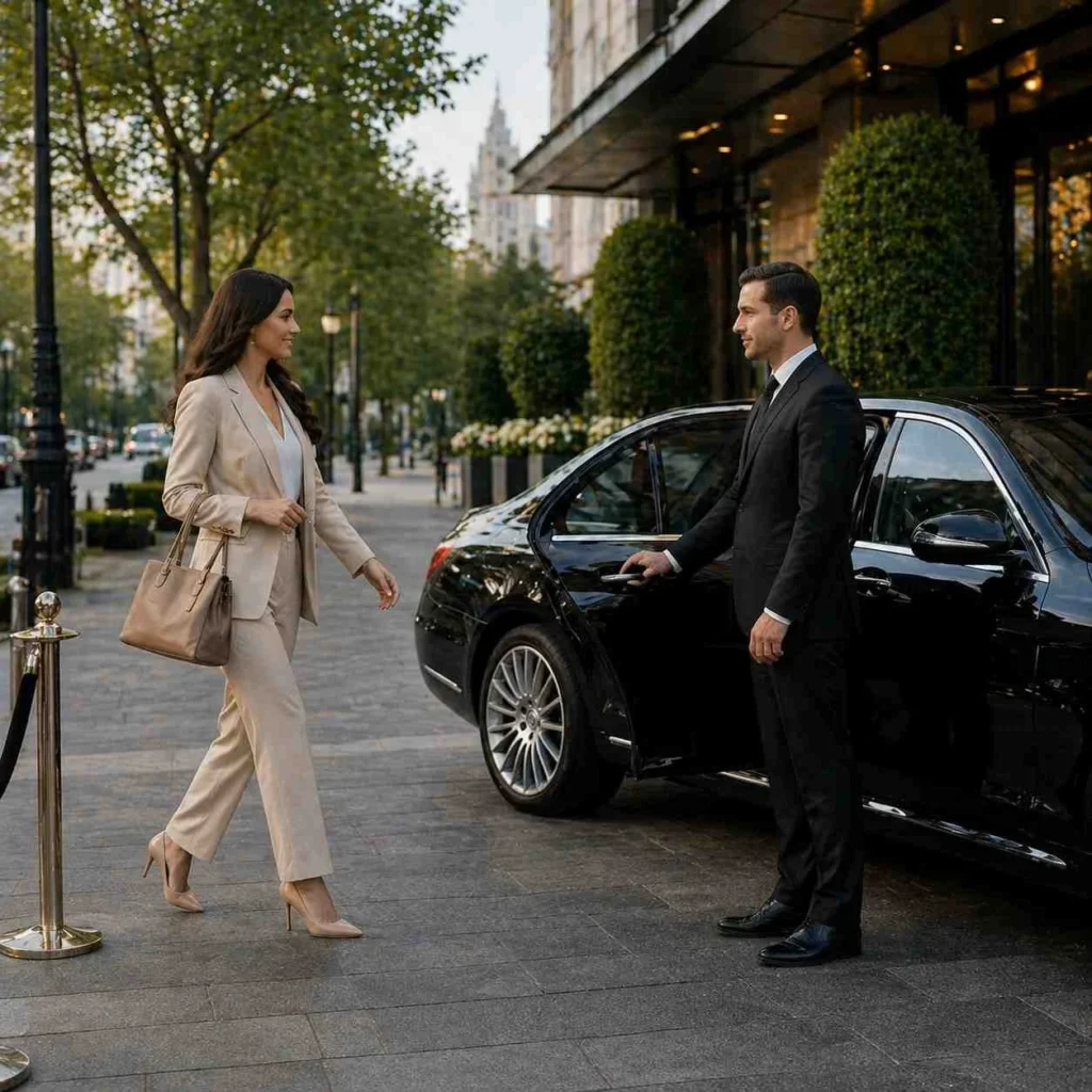 Passenger walking towards luxury car while chauffeur stands ready beside open door