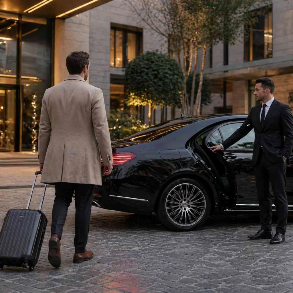 Passenger walking toward a luxury black chauffeur car outside a modern hotel entrance while driver holds the door open with suitcase in hand