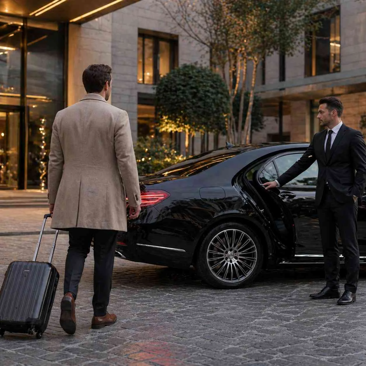 Passenger walking toward a luxury black chauffeur car outside a modern hotel entrance while driver holds the door open with suitcase in hand
