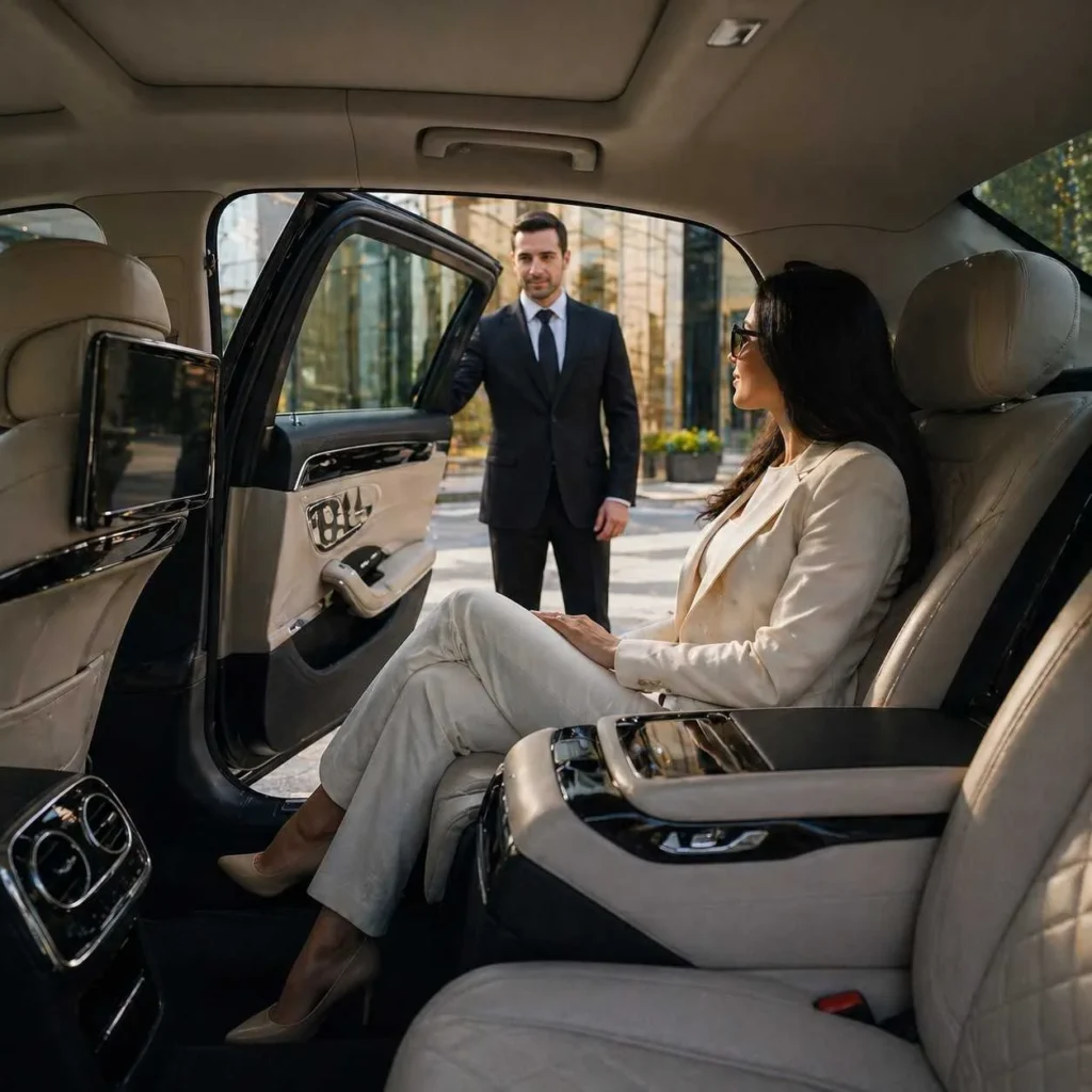 Passenger seated inside luxury car while chauffeur opens door outside premium building