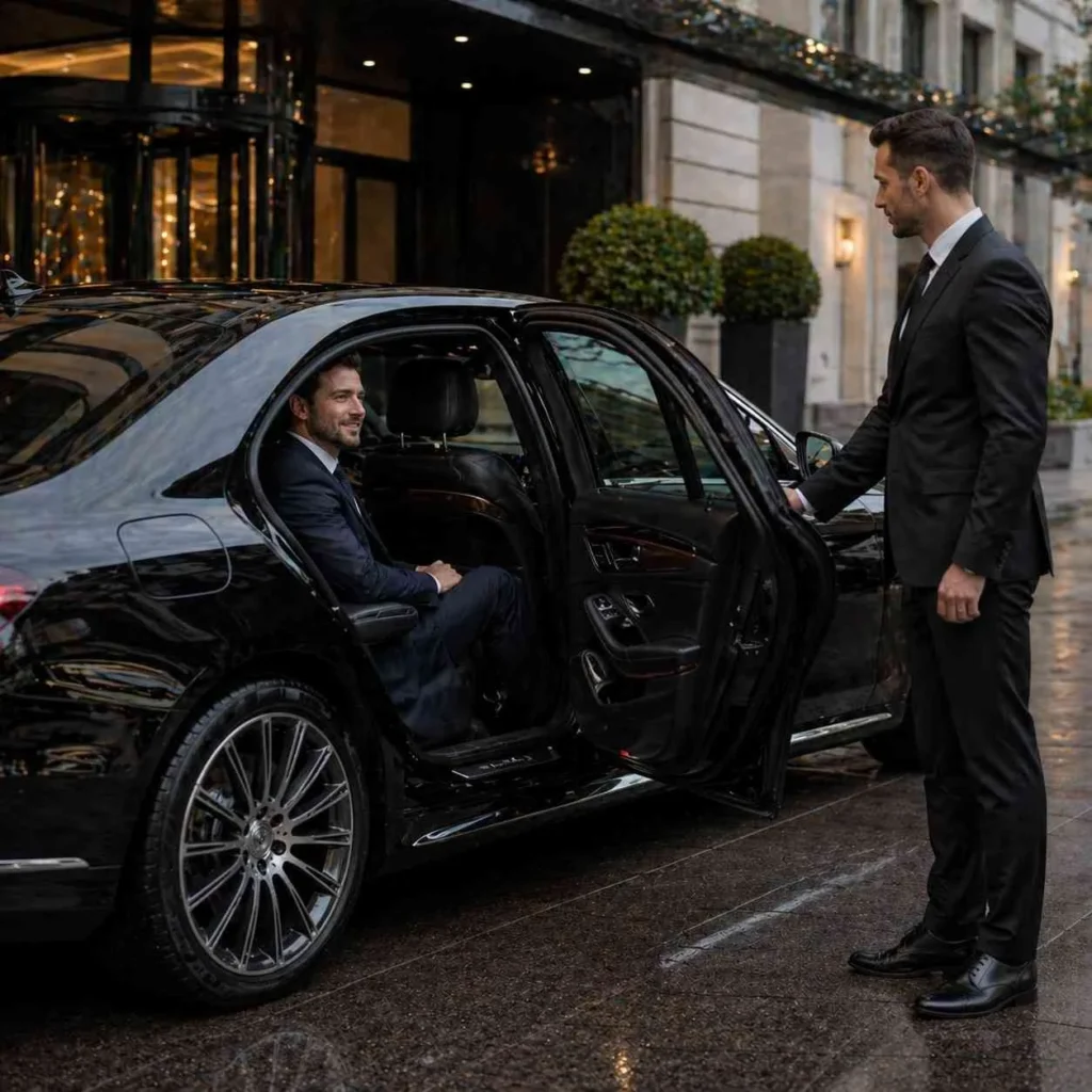 Passenger sitting inside a luxury black chauffeur car while driver stands outside holding the door open at an upscale building entrance