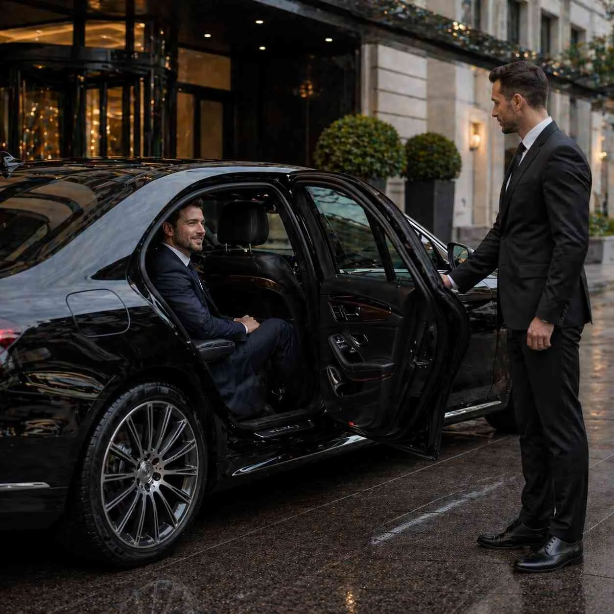 Passenger sitting inside a luxury black chauffeur car while driver stands outside holding the door open at an upscale building entrance