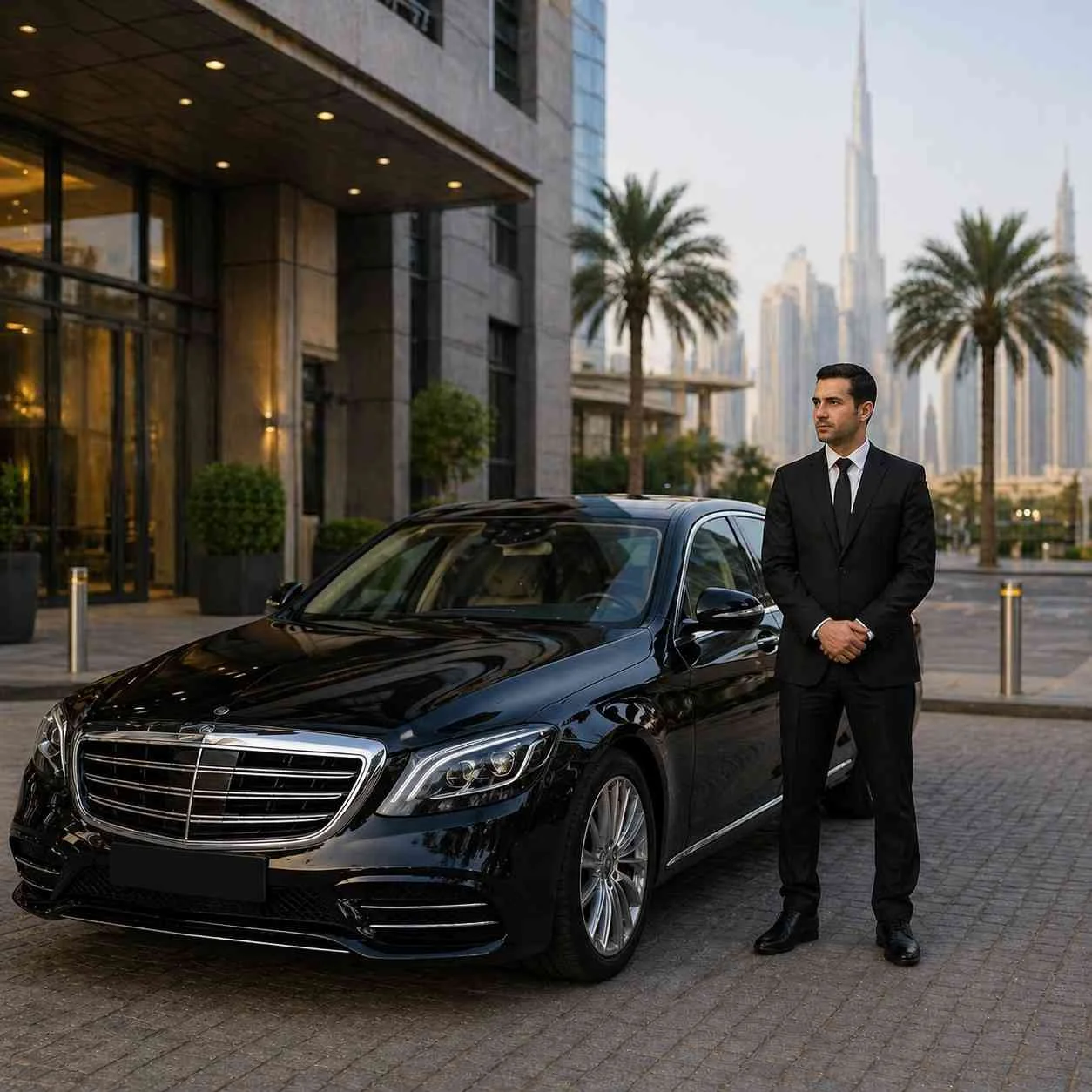 Private chauffeur in black suit standing beside luxury sedan outside modern building with hidden number plate