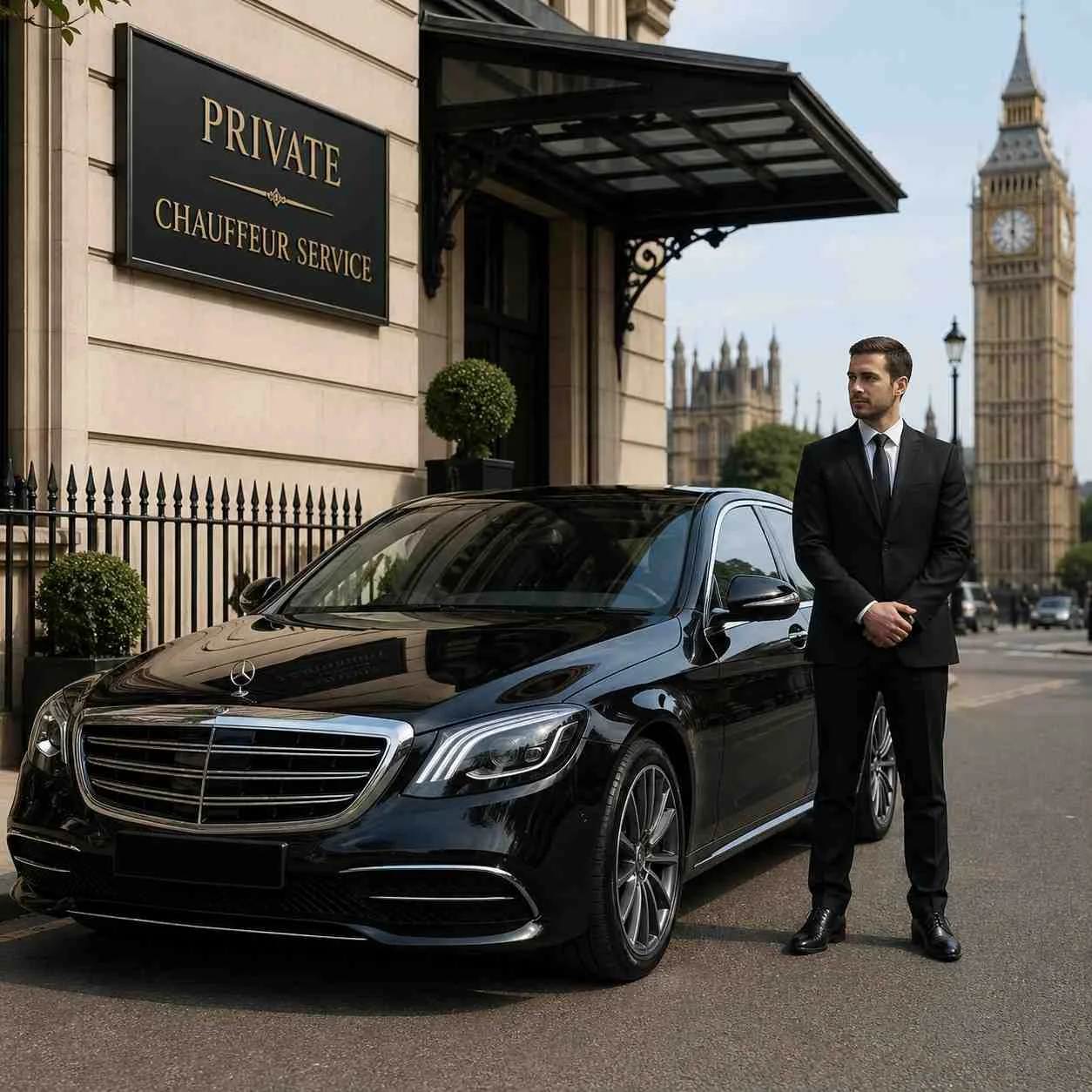 Private chauffeur standing beside luxury black sedan in London with no head covering and hidden number plate