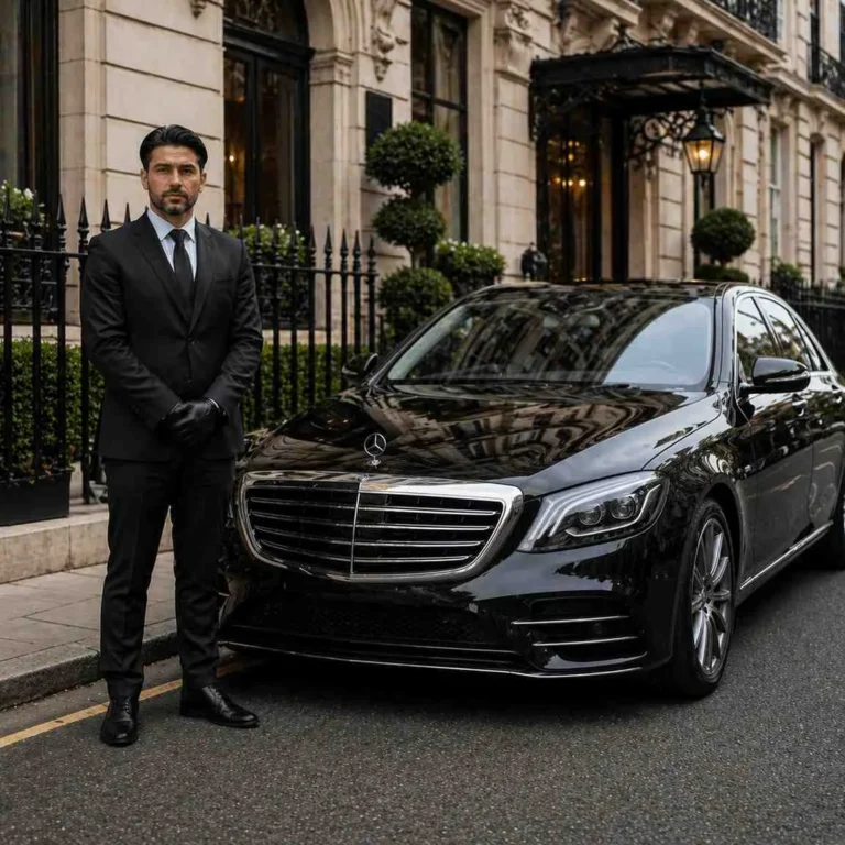 Luxury chauffeur standing beside a black executive car outside an elegant London-style building.