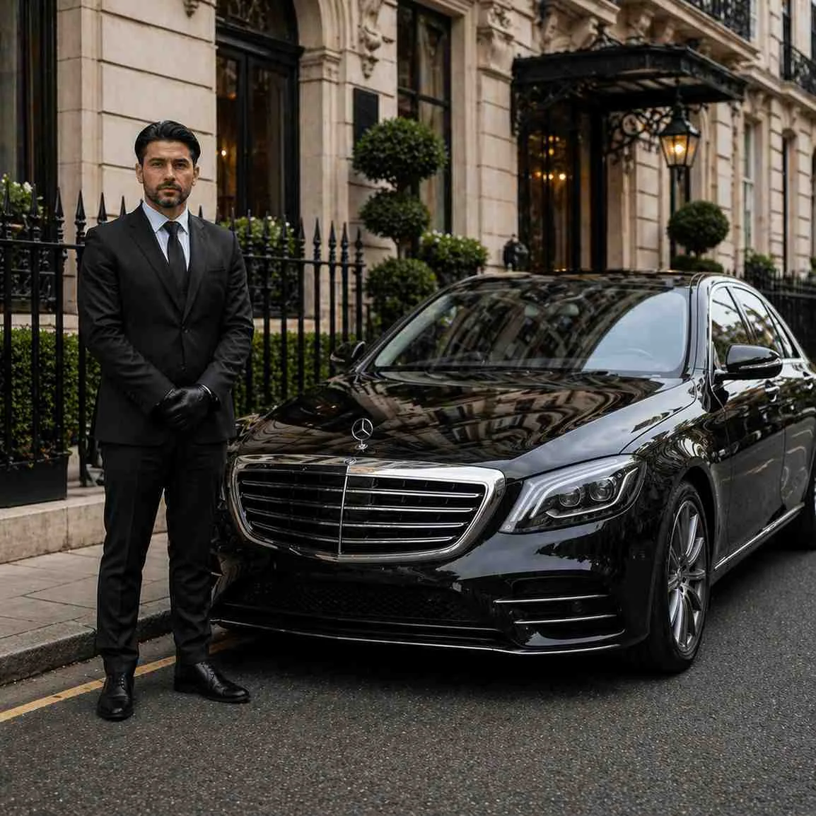 Luxury chauffeur standing beside a black executive car outside an elegant London-style building.