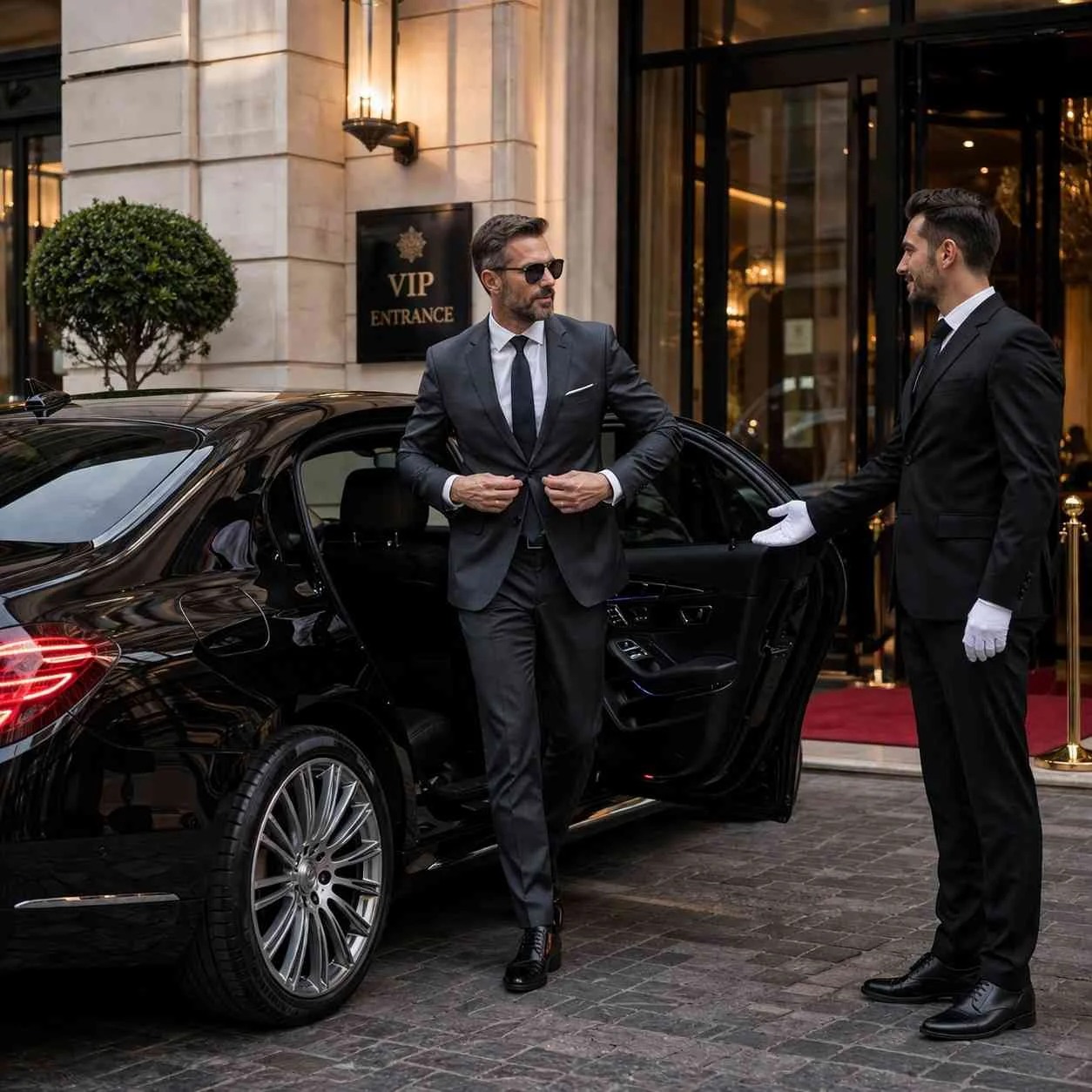VIP passenger stepping out of a luxury black car while chauffeur welcomes him at an exclusive hotel entrance