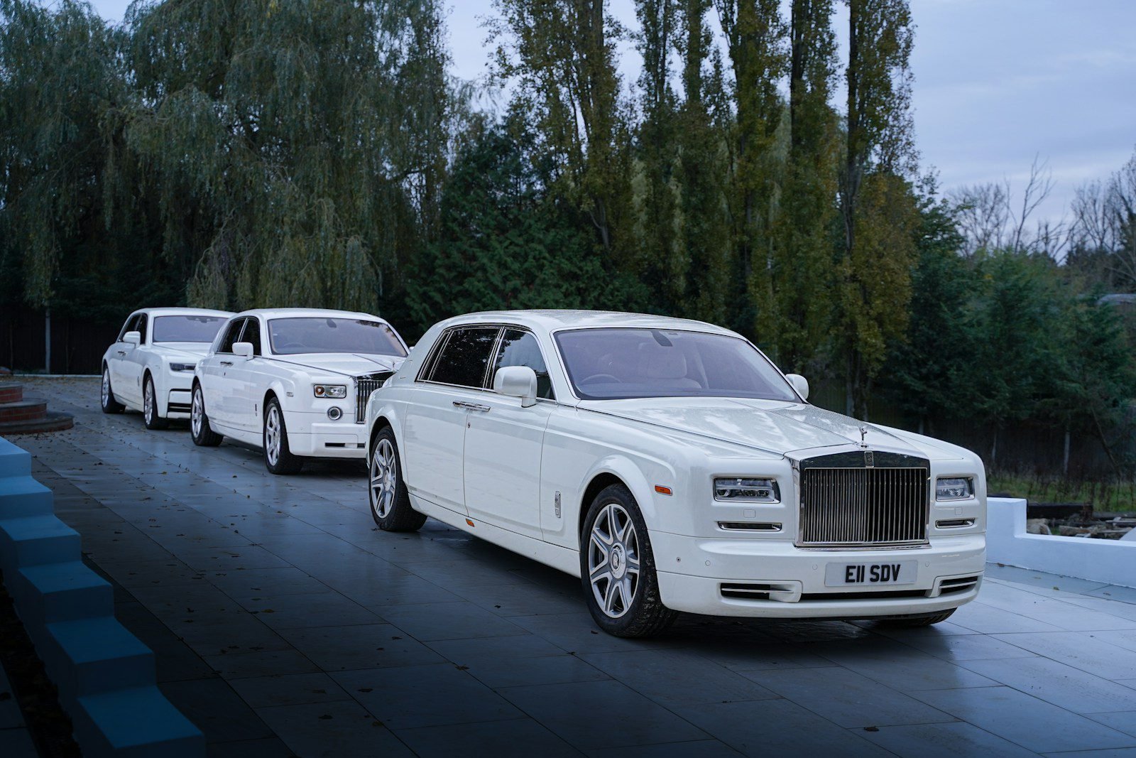 A row of white rolls royces parked on the side of a road