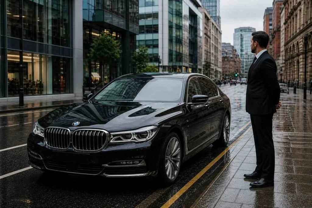 Black BMW 7 Series chauffeur car parked on a rainy Manchester street with professional chauffeur standing beside the vehicle