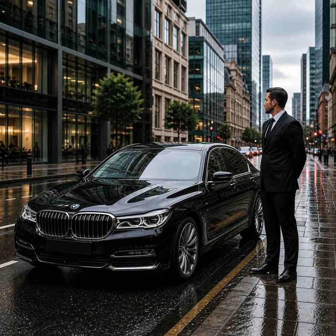Luxury BMW 7 Series chauffeur car parked on a Manchester city street with professional chauffeur standing beside it