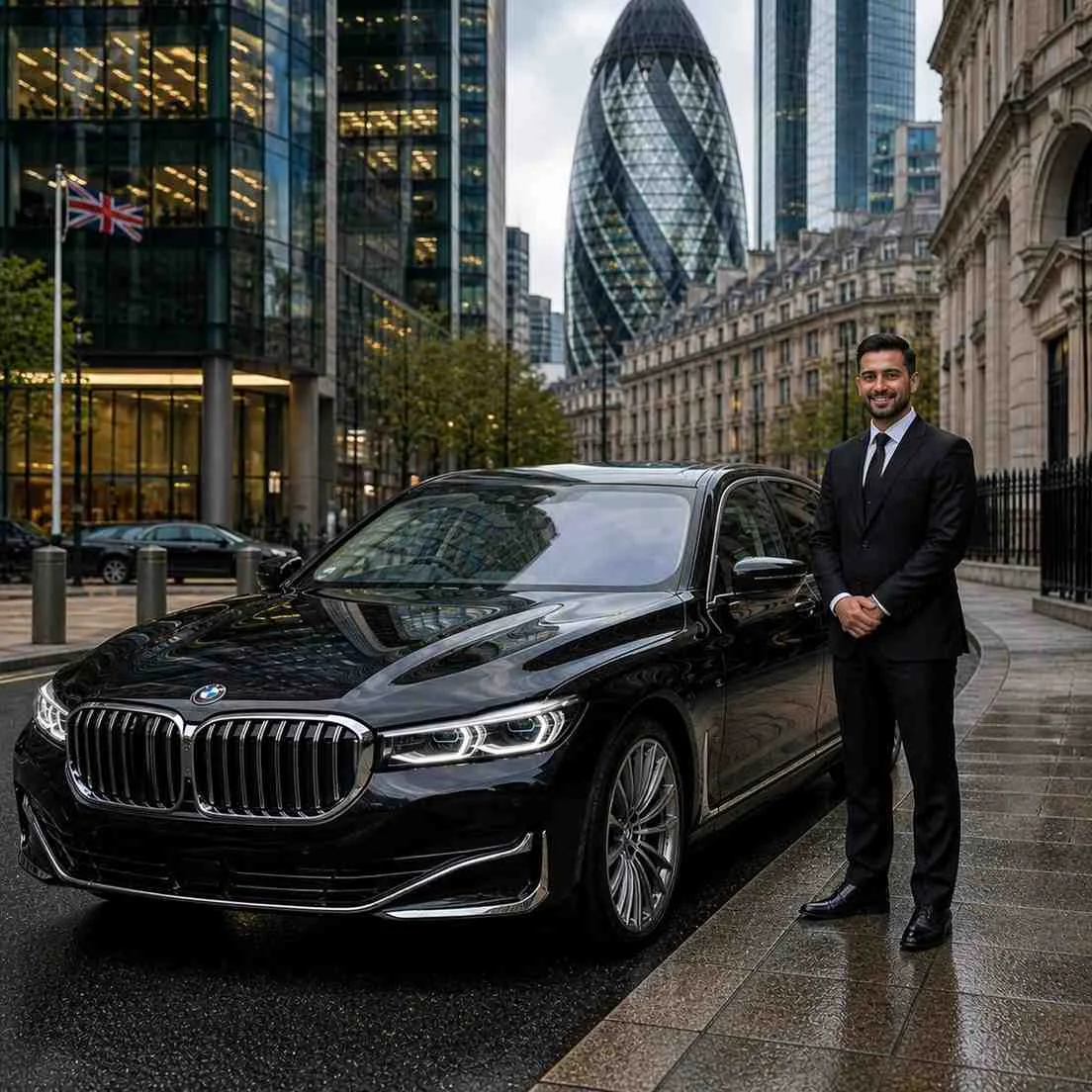 BMW 7 Series luxury chauffeur car parked in a modern UK city street with a professional driver standing beside it, no visible number plate and chauffeur without cap
