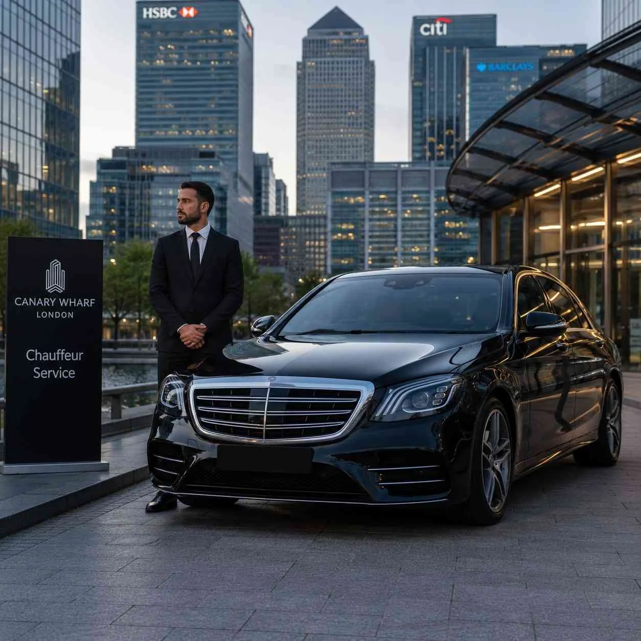 Professional chauffeur standing beside luxury black sedan in Canary Wharf London with skyline in background, number plate hidden