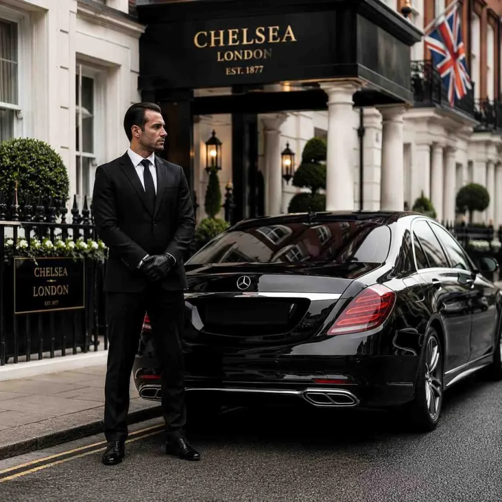 Professional chauffeur standing beside a luxury black sedan in Chelsea London, wearing a formal suit without hat, with number plate hidden