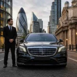 Professional chauffeur standing beside a luxury black sedan viewed from the front in the City of London, wearing a formal suit without hat, with number plate hidden