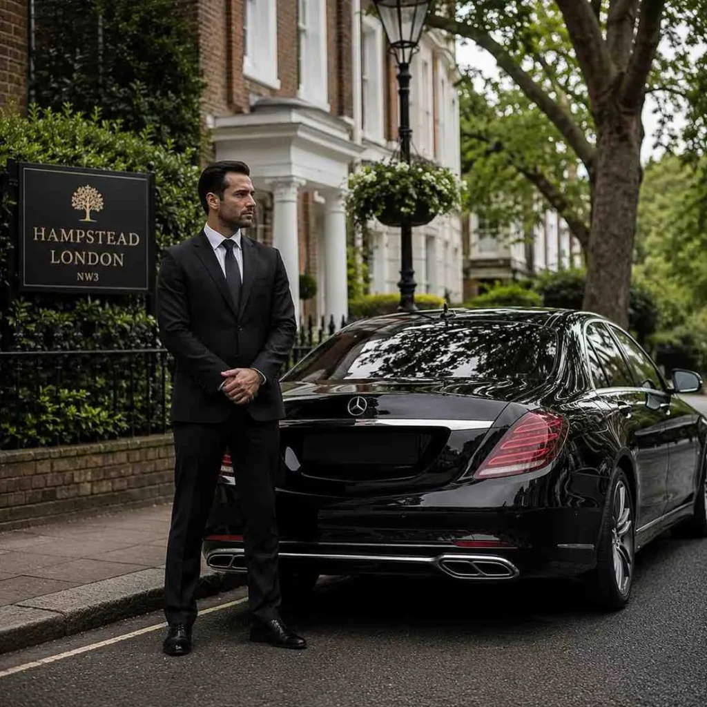 Professional chauffeur standing beside a luxury black sedan in Hampstead London, wearing a formal suit without hat, with number plate hidden