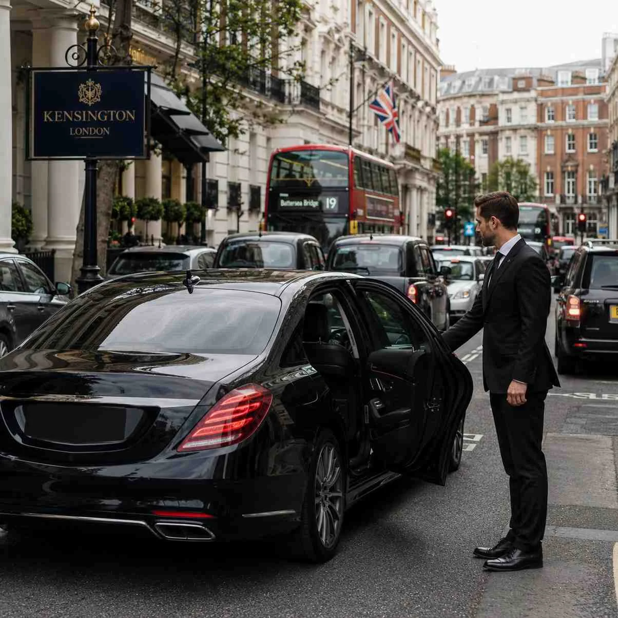 Professional chauffeur without hat standing beside a luxury black car in a busy Kensington London street with traffic, number plate hidden