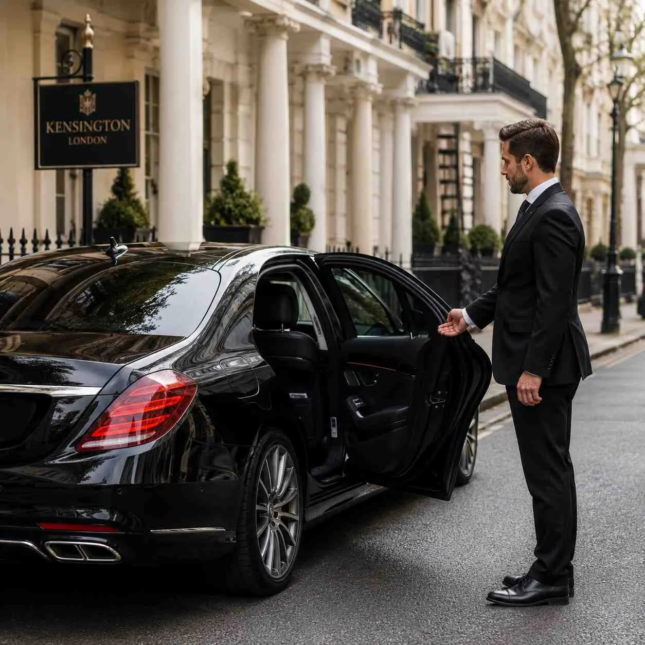 Chauffeur in black suit standing beside a luxury car with rear door open in Kensington London, no hat, number plate hidden