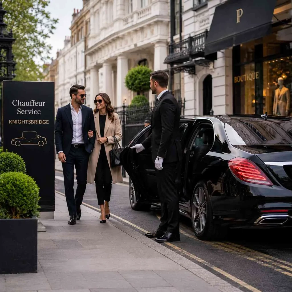 Professional chauffeur opening rear door of luxury black sedan for stylish couple in Knightsbridge London, upscale street with boutique background