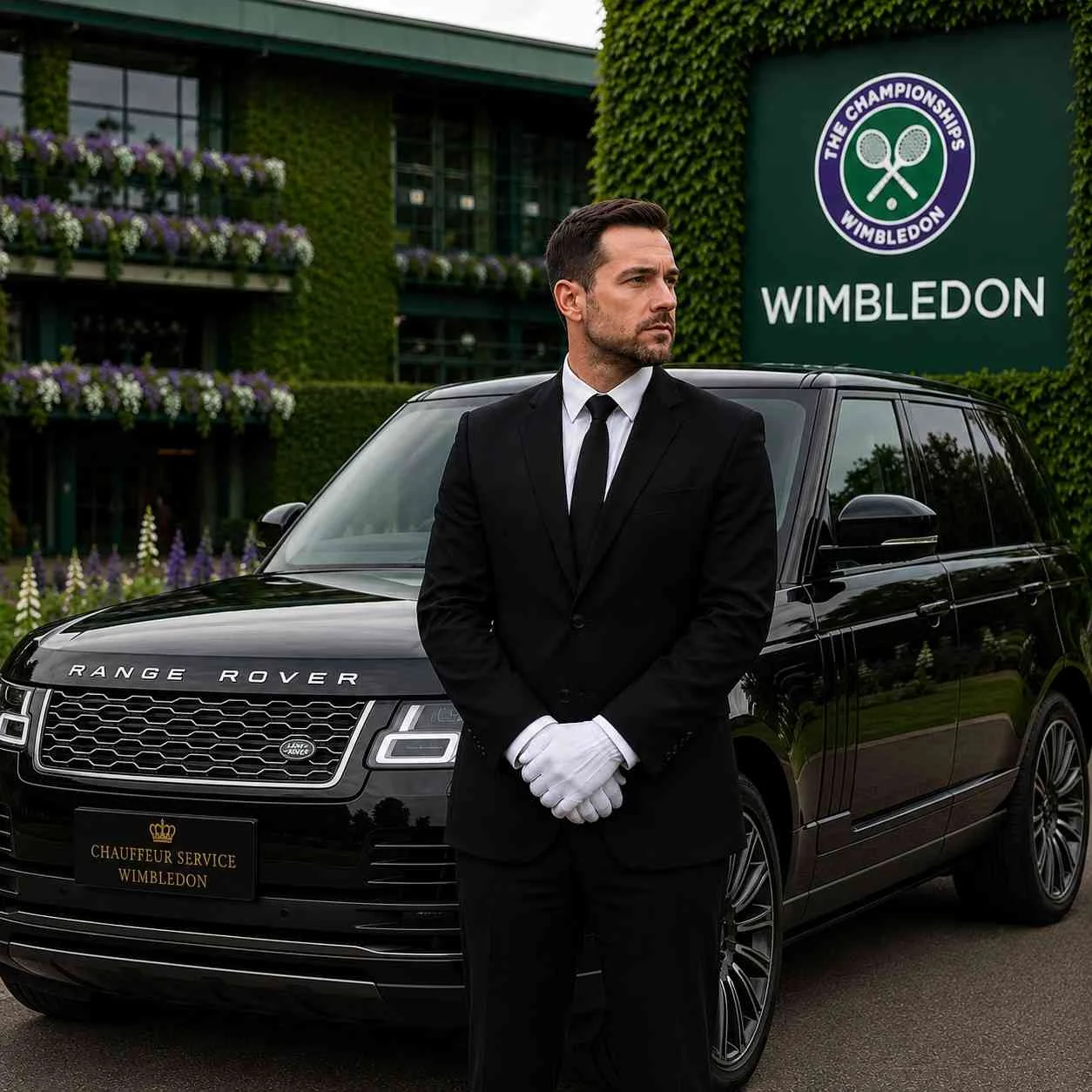 Luxury chauffeur standing beside a black Range Rover at Wimbledon entrance in formal uniform