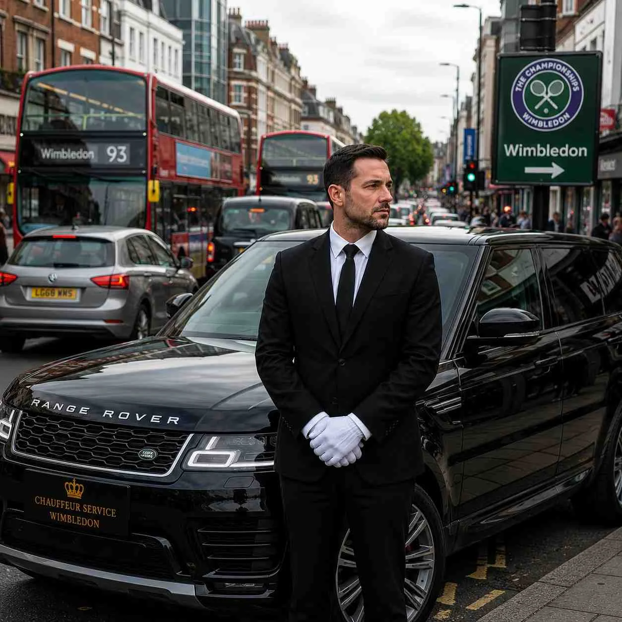 Professional chauffeur standing beside black Range Rover in busy city traffic area