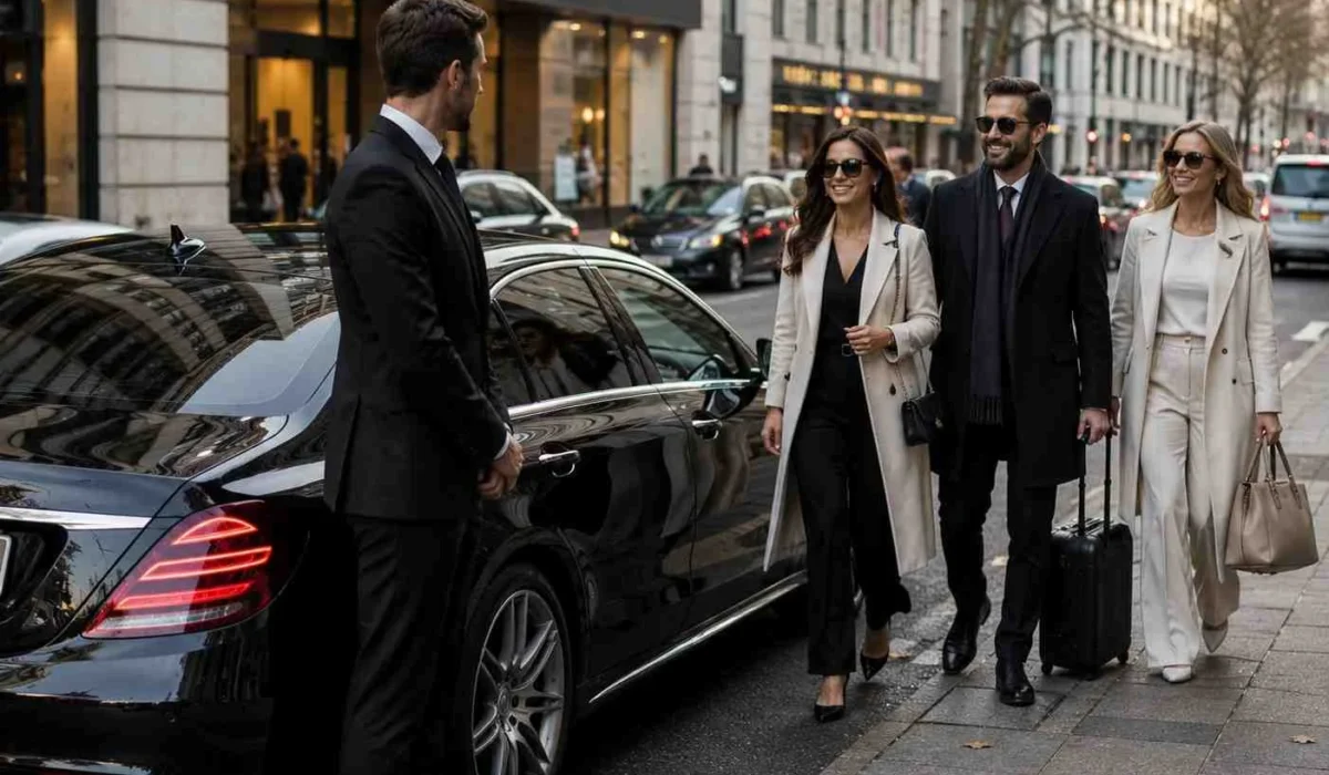 Professional chauffeur in black suit standing beside a luxury car while three passengers walk toward the vehicle on a busy city street, no visible signage or city name