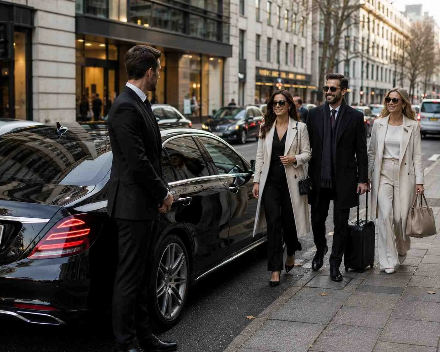 Professional chauffeur in black suit standing beside a luxury car while three passengers walk toward the vehicle on a busy city street, no visible signage or city name