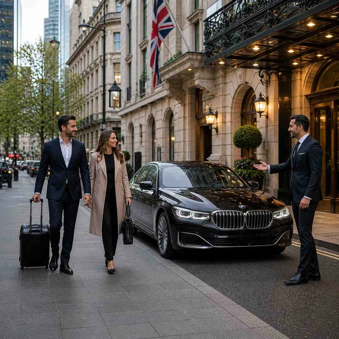 Professional chauffeur welcoming two arriving passengers near a luxury BMW 7 Series on a UK city street, car door closed and no visible number plate