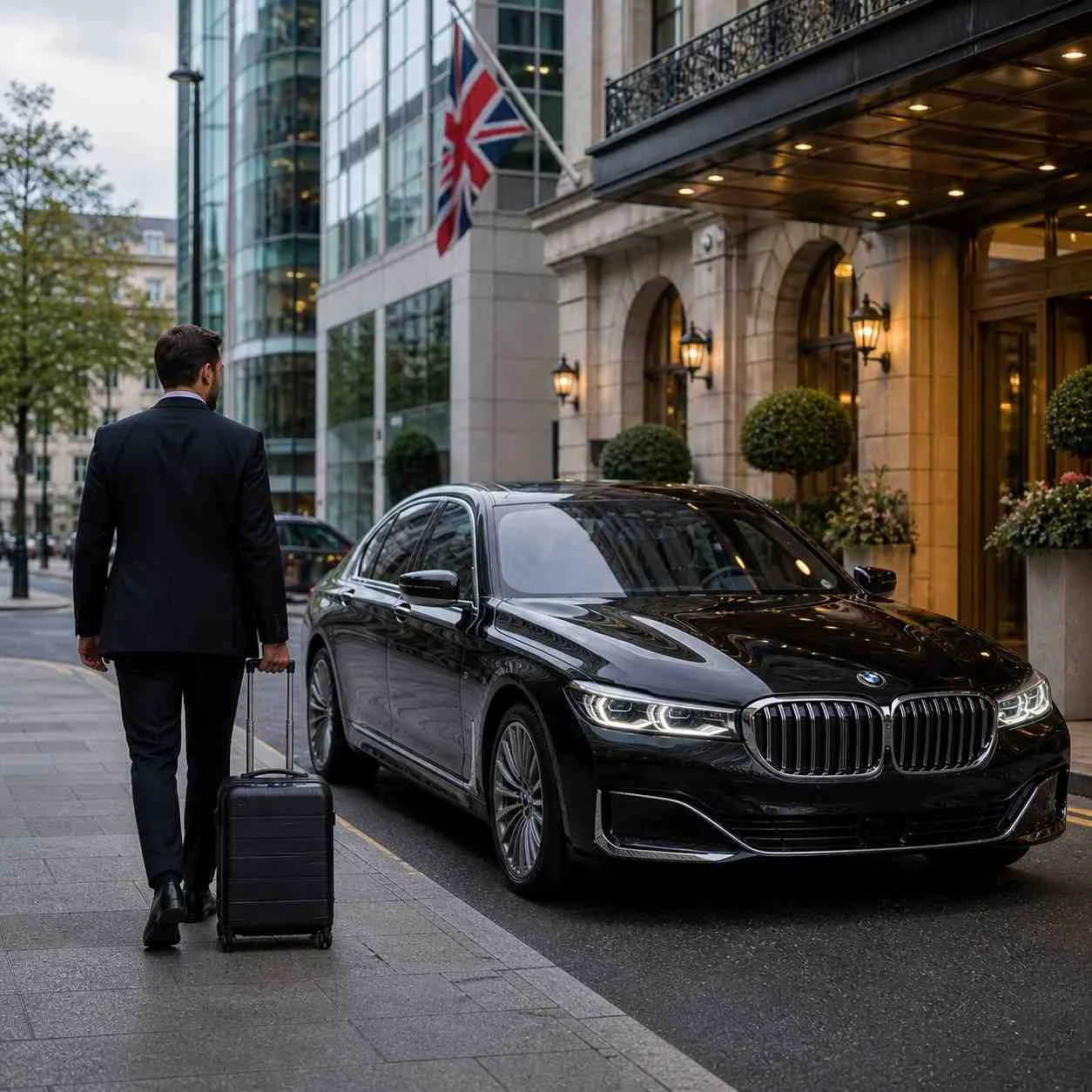 Business passenger walking towards a luxury BMW 7 Series with suitcase on a UK city street, car door closed and no visible number plate