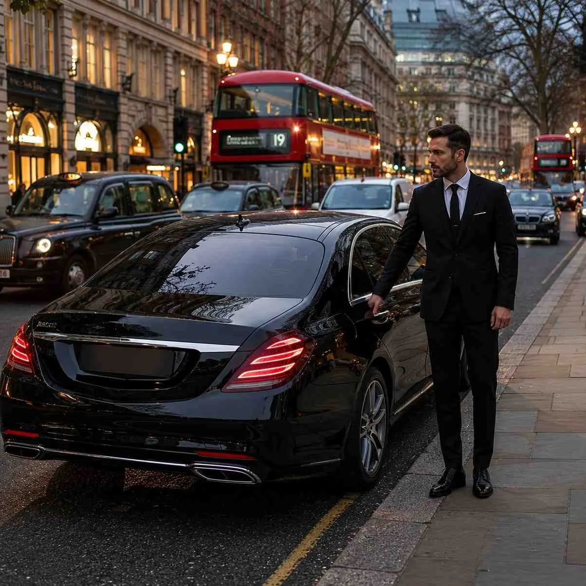 Professional chauffeur opening a luxury black sedan door on a busy city street with traffic and evening lights in the background.