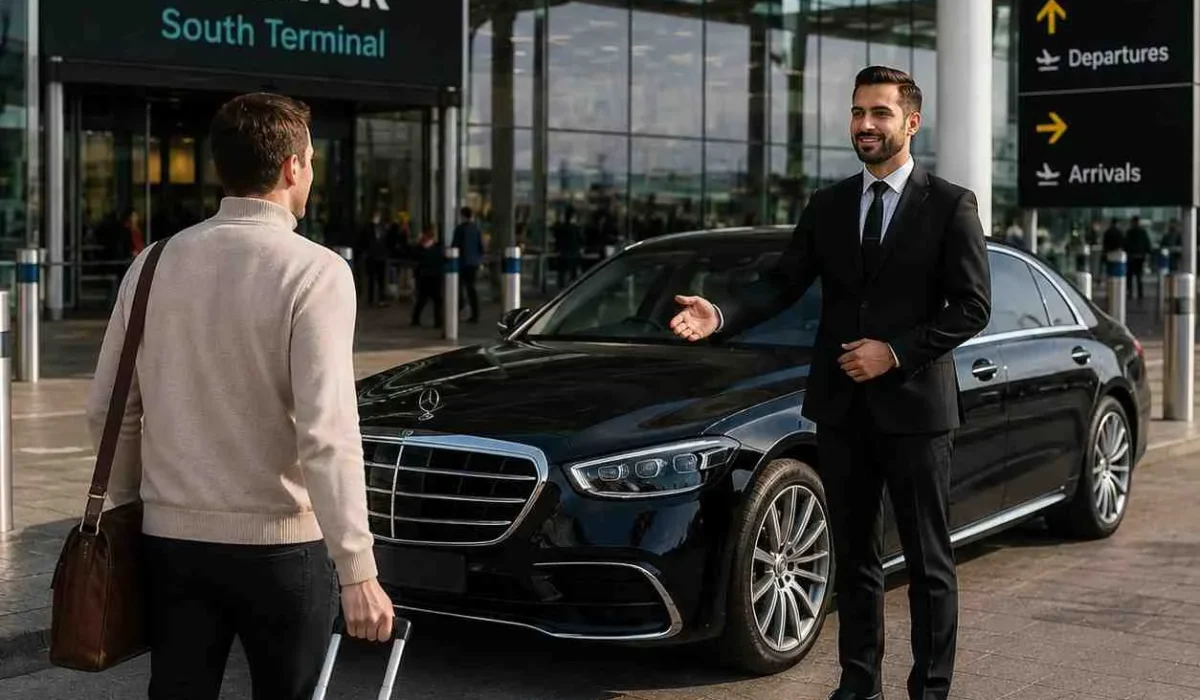 Passengers walking from Gatwick Airport terminal toward a luxury black chauffeur car with a professional driver waiting beside the vehicle.