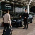 Passengers walking from Gatwick Airport terminal toward a luxury black chauffeur car with a professional driver waiting beside the vehicle.