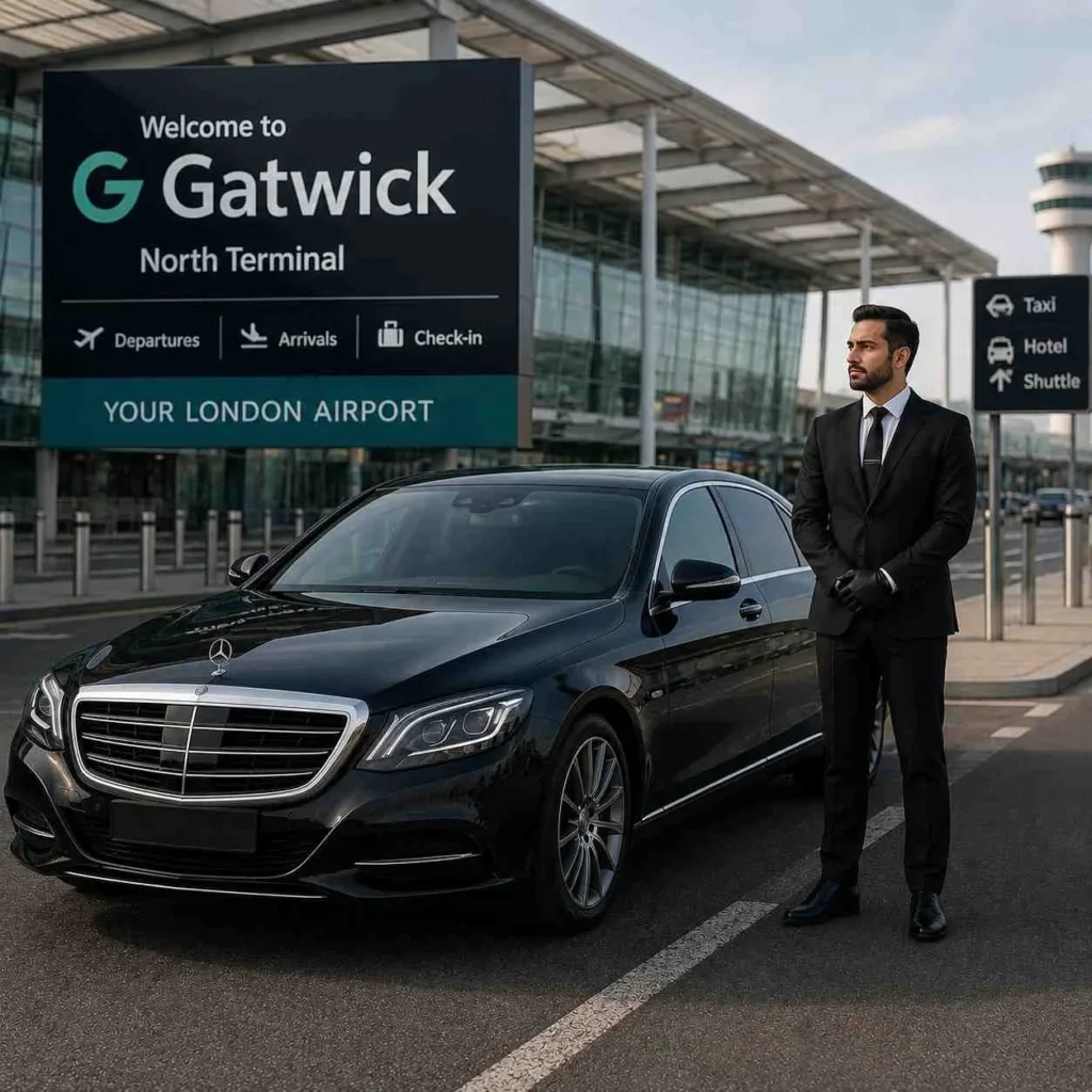 Professional Gatwick Airport transfer chauffeur standing beside a luxury black executive car outside Gatwick Airport with closed doors and hidden number plate.