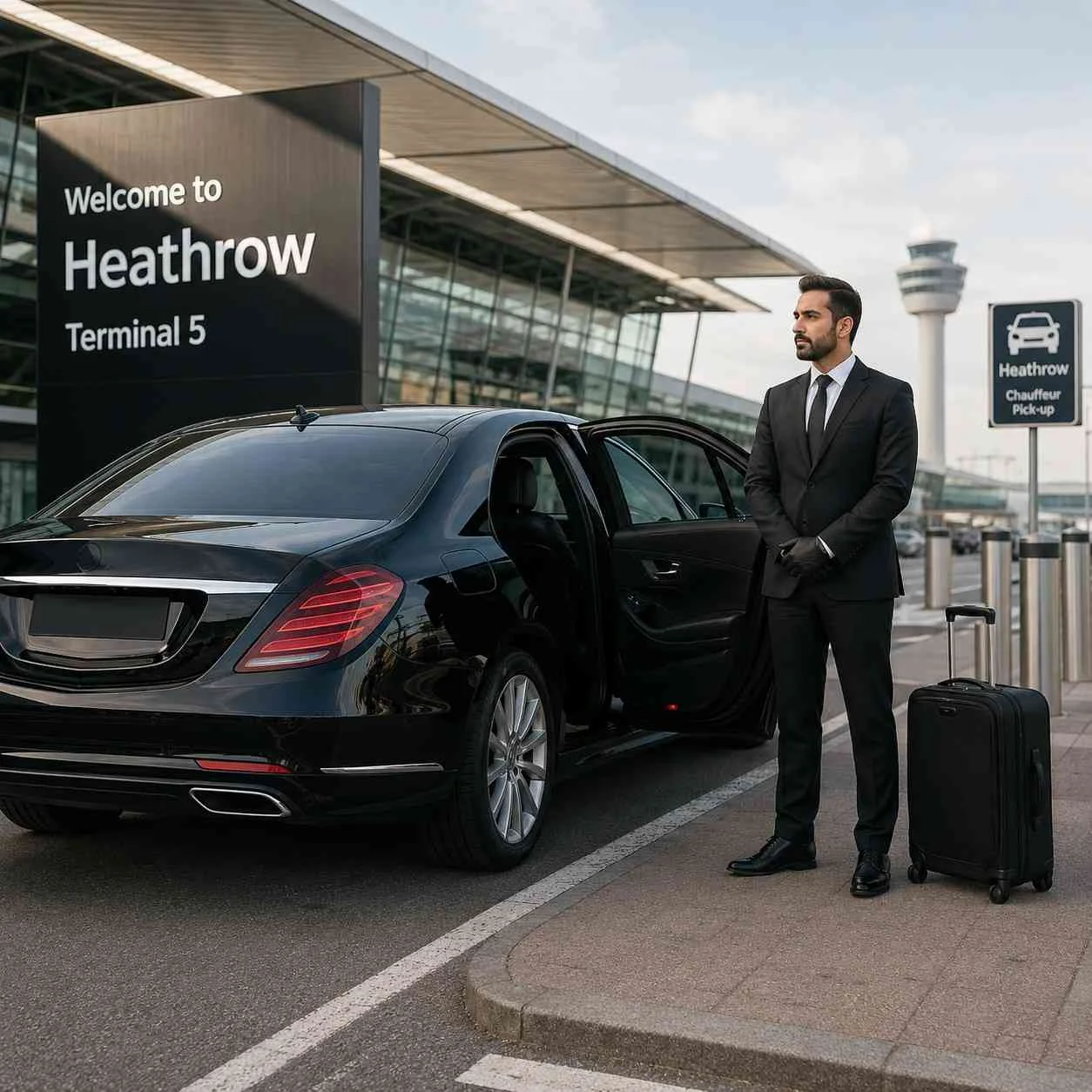 Professional chauffeur standing beside a luxury black executive car outside Heathrow Terminal 5 with luggage and airport pickup area in the background.