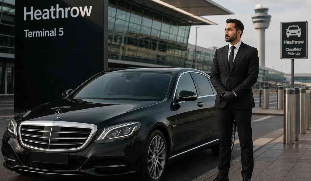 Professional Heathrow Airport transfer chauffeur standing beside a luxury black sedan outside Heathrow Terminal 5 with closed doors and hidden number plate.