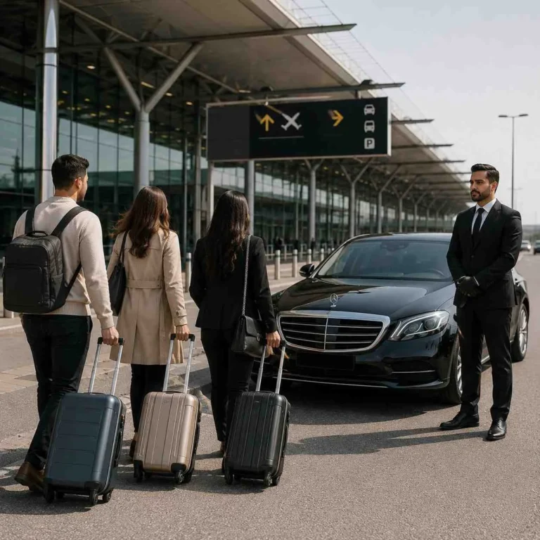 Three passengers walking with luggage toward a luxury black chauffeur car outside a modern airport terminal with a professional driver waiting.