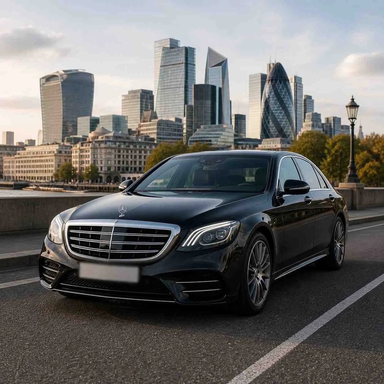 Black luxury sedan parked on a riverside road with a modern city skyline in the background, number plate blurred.