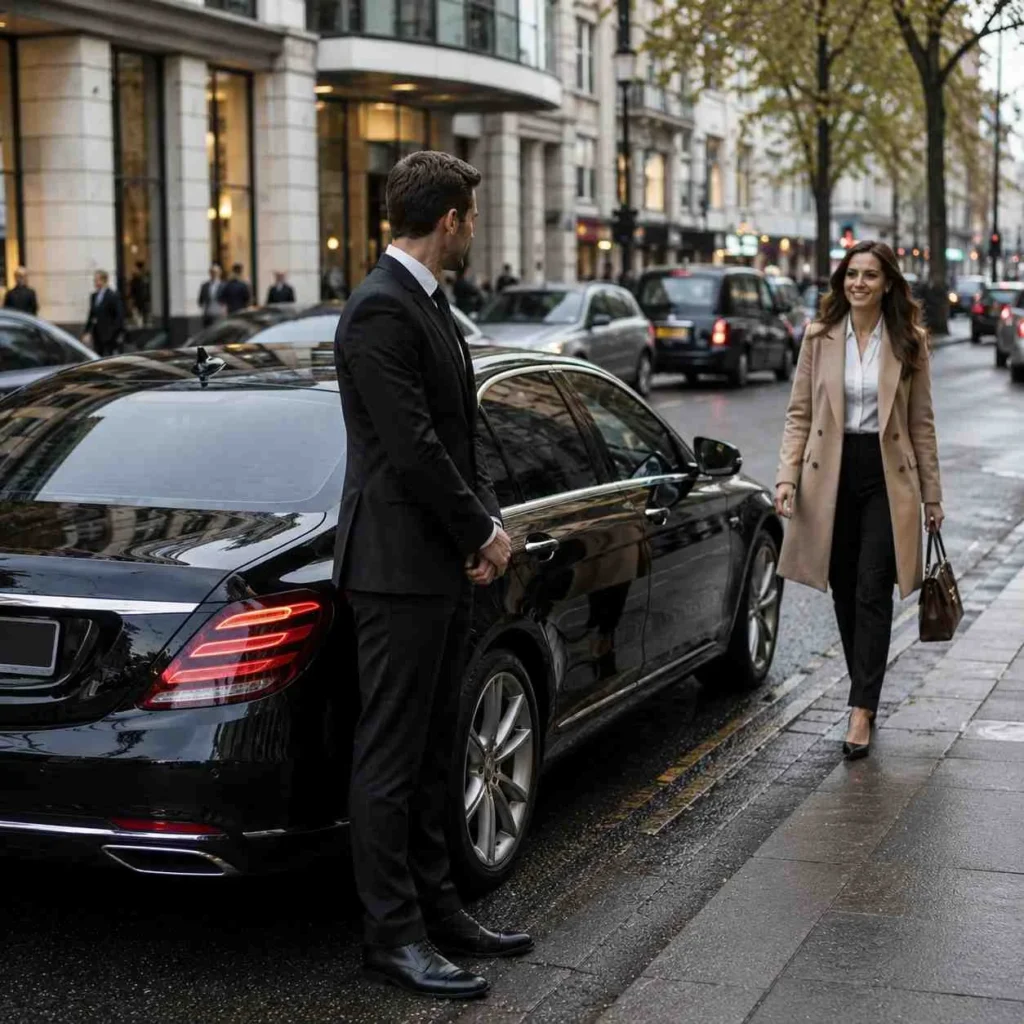 Chauffeur in formal black suit standing beside a luxury car with closed doors while a female passenger walks toward him on a busy city street, no visible signage or city name