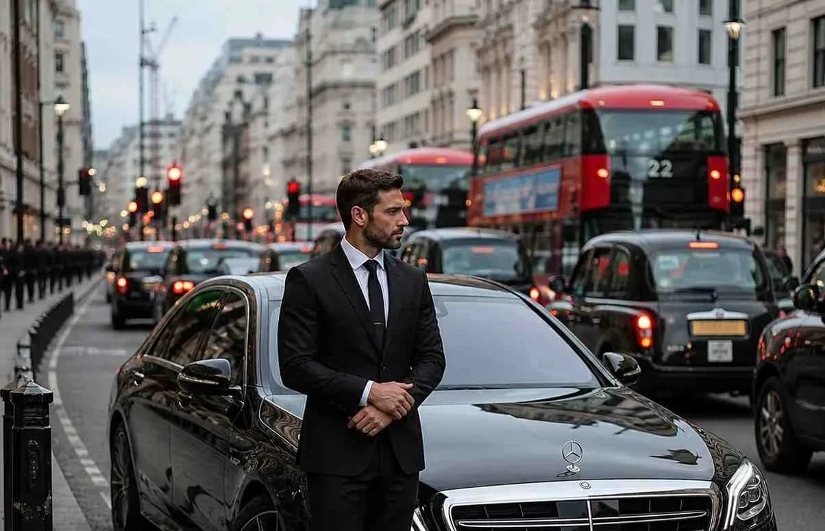 Professional chauffeur standing beside a black luxury sedan in a busy city traffic area with cars, taxis, and buses in the background.