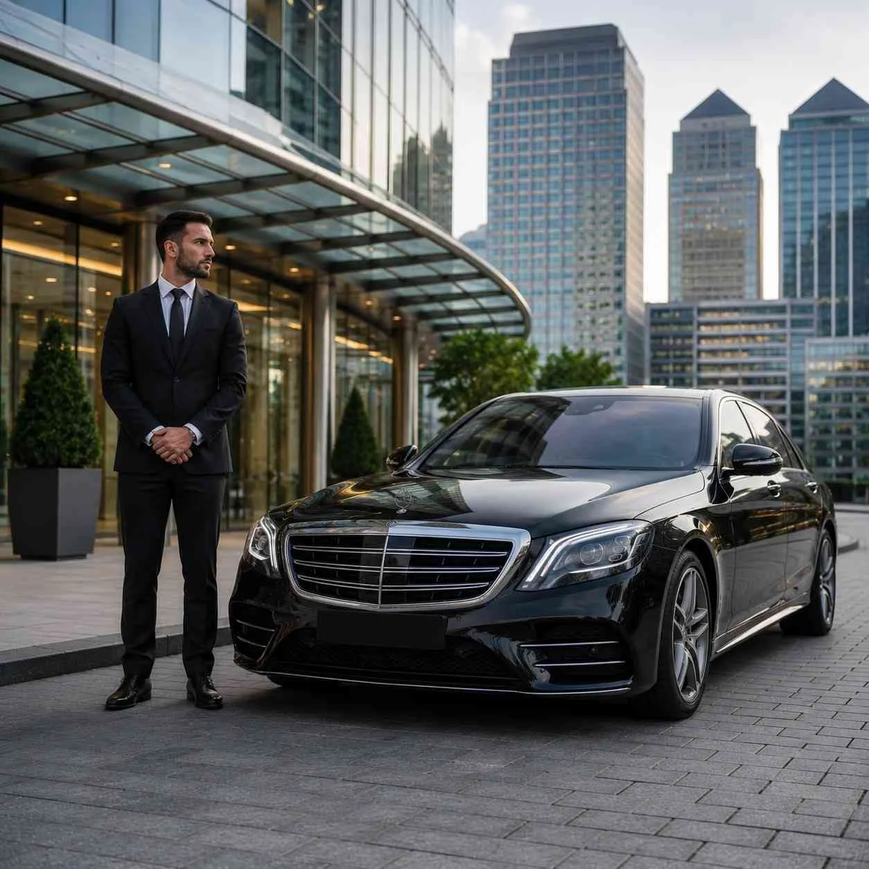 Professional chauffeur standing beside luxury black sedan outside modern office building with city skyline, no visible branding or number plate