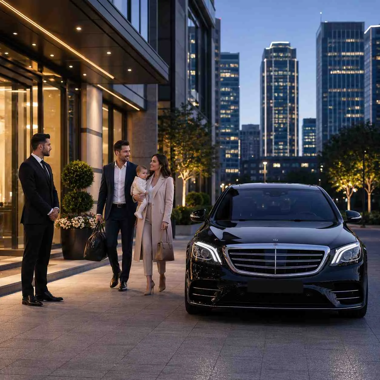 Professional chauffeur welcoming well-dressed couple with baby approaching luxury black sedan outside modern building, car doors closed and number plate hidden