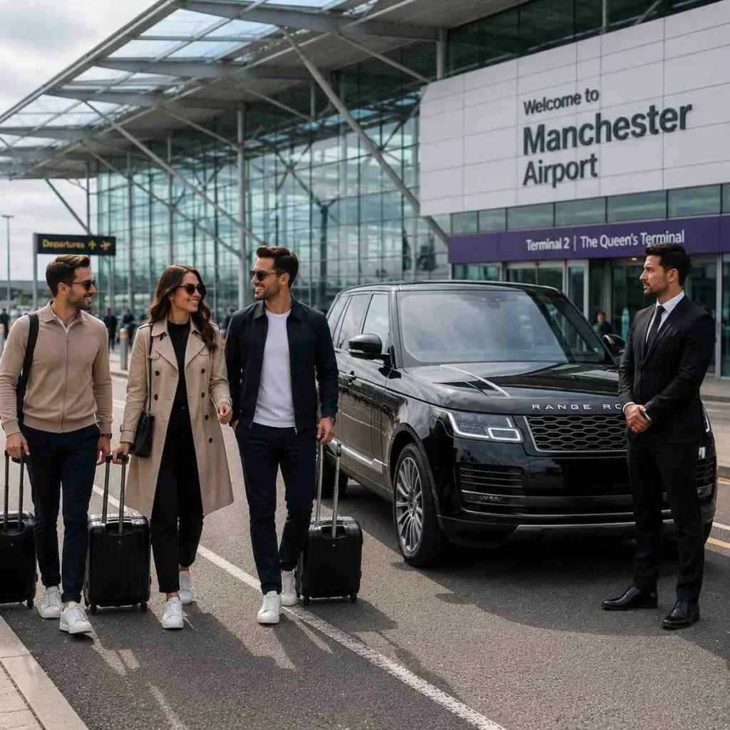 Passengers with luggage walking near a black luxury SUV and professional chauffeur outside Manchester Airport terminal.