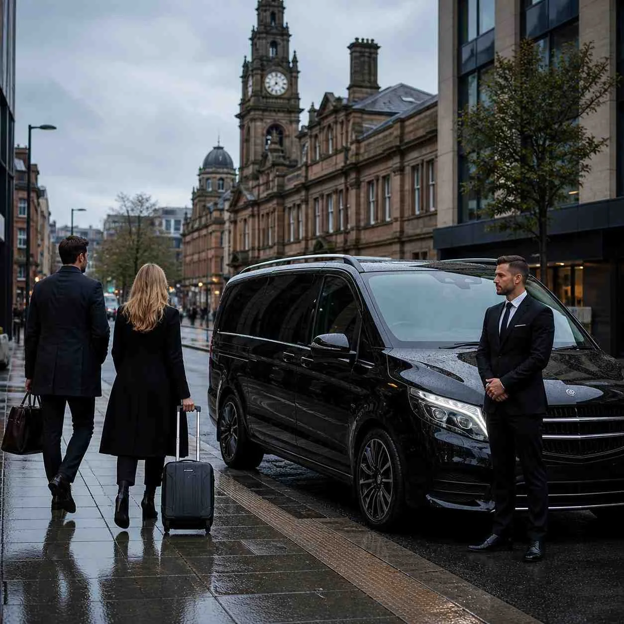 Luxury Mercedes-Benz Jet Class chauffeur van in Oldham town centre with professional driver and passengers approaching with luggage