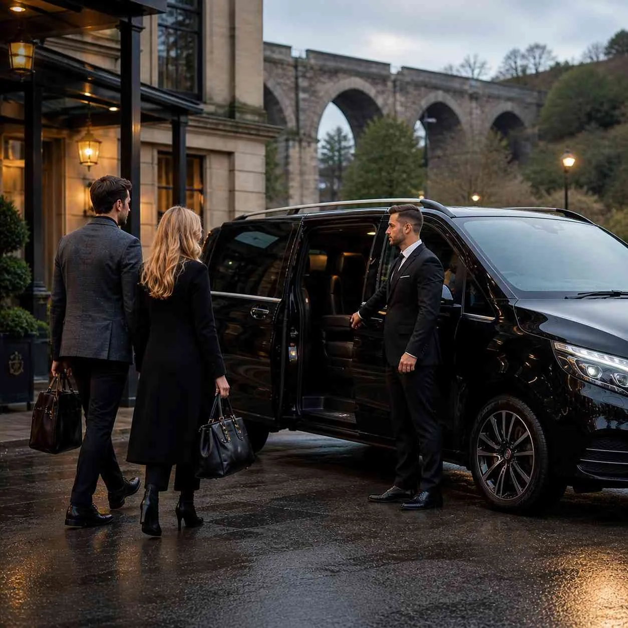 Chauffeur opening door of luxury Mercedes-Benz Jet Class van for passengers outside elegant building in Oldham