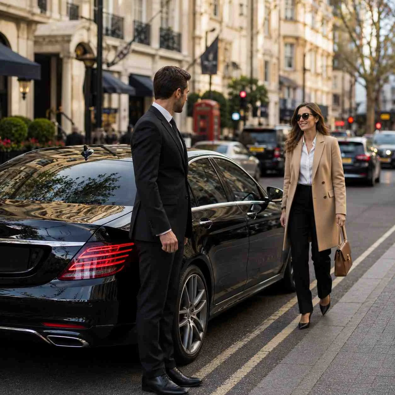 Chauffeur in black suit standing beside a luxury car with doors closed while a female passenger walks toward the vehicle in a busy city street, no visible city name or signage