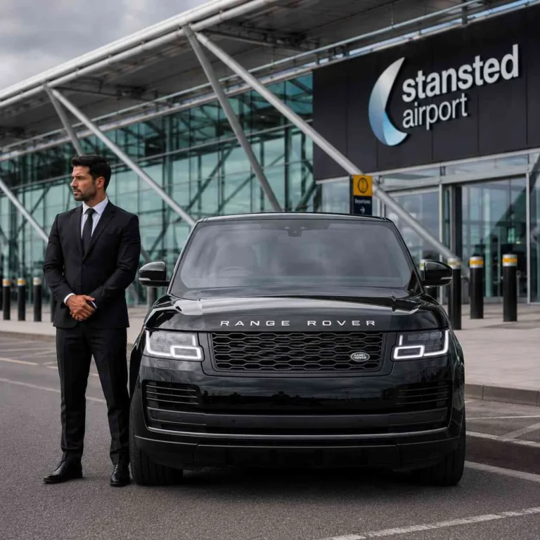 Professional chauffeur standing beside a black Range Rover outside Stansted Airport terminal in the UK.